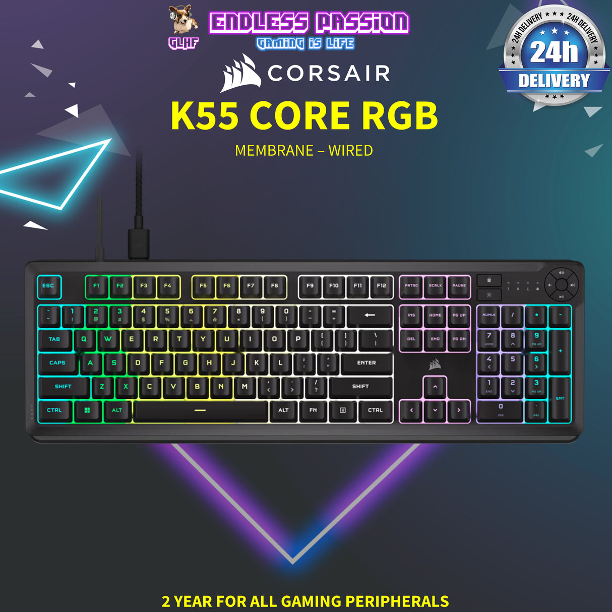 Corsair K55 RGB CORE RGB Membrane Wired Gaming Keyboard, Backlit RGB LED