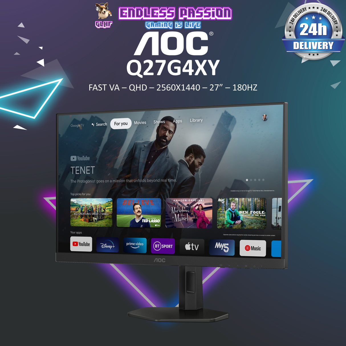 AOC Gaming Monitor Q27G4XY - 27" QHD - 180Hz - Google Smart OS