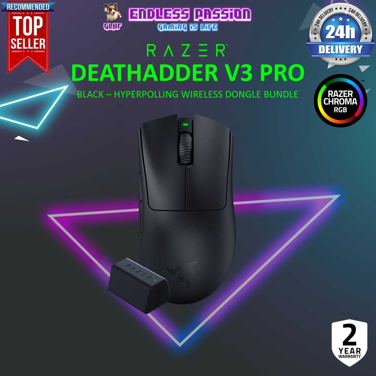 Razer DeathAdder V3 Pro Wireless Gaming Mouse + HyperPolling Wireless Dongle