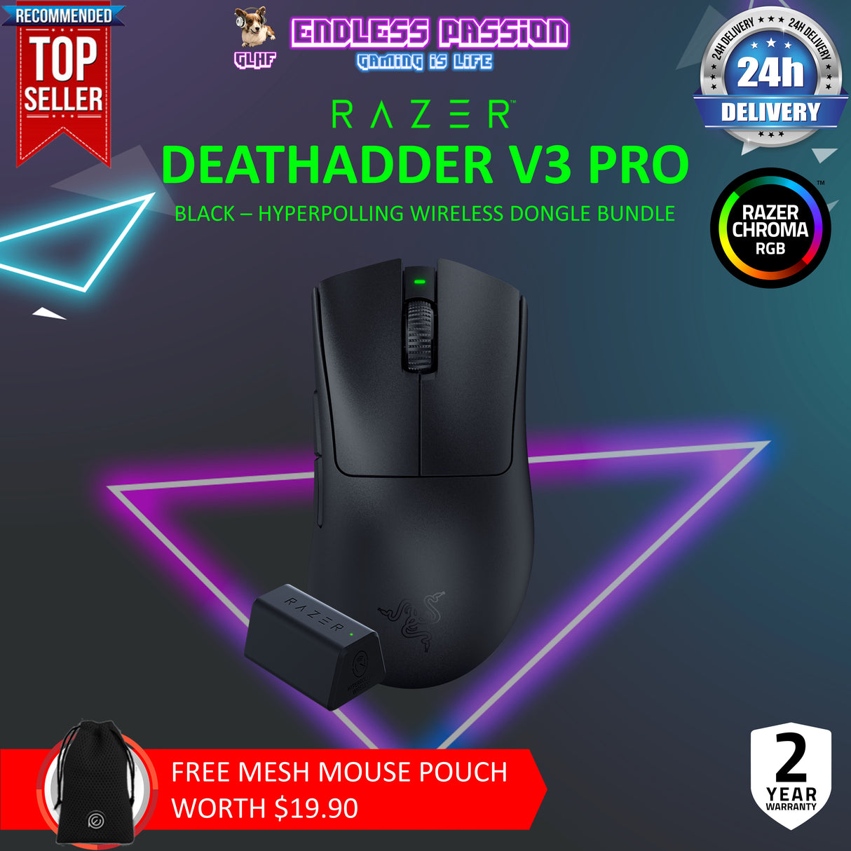 Razer DeathAdder V3 Pro Wireless Gaming Mouse + HyperPolling Wireless Dongle