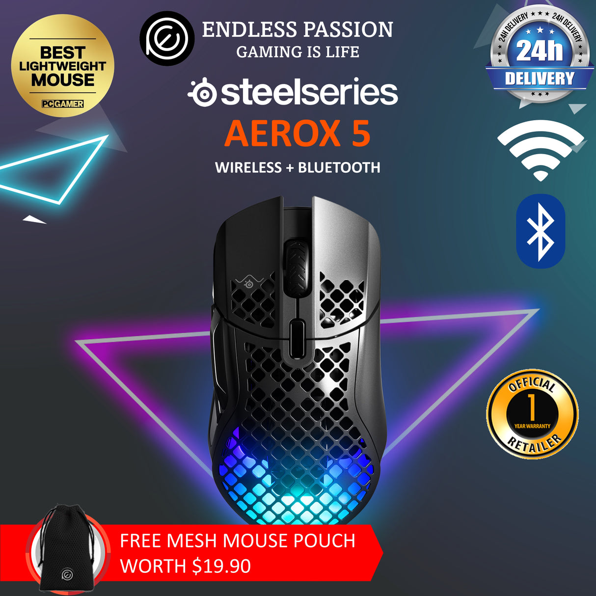 SteelSeries Aerox 5 Wireless Gaming Mouse - Onyx