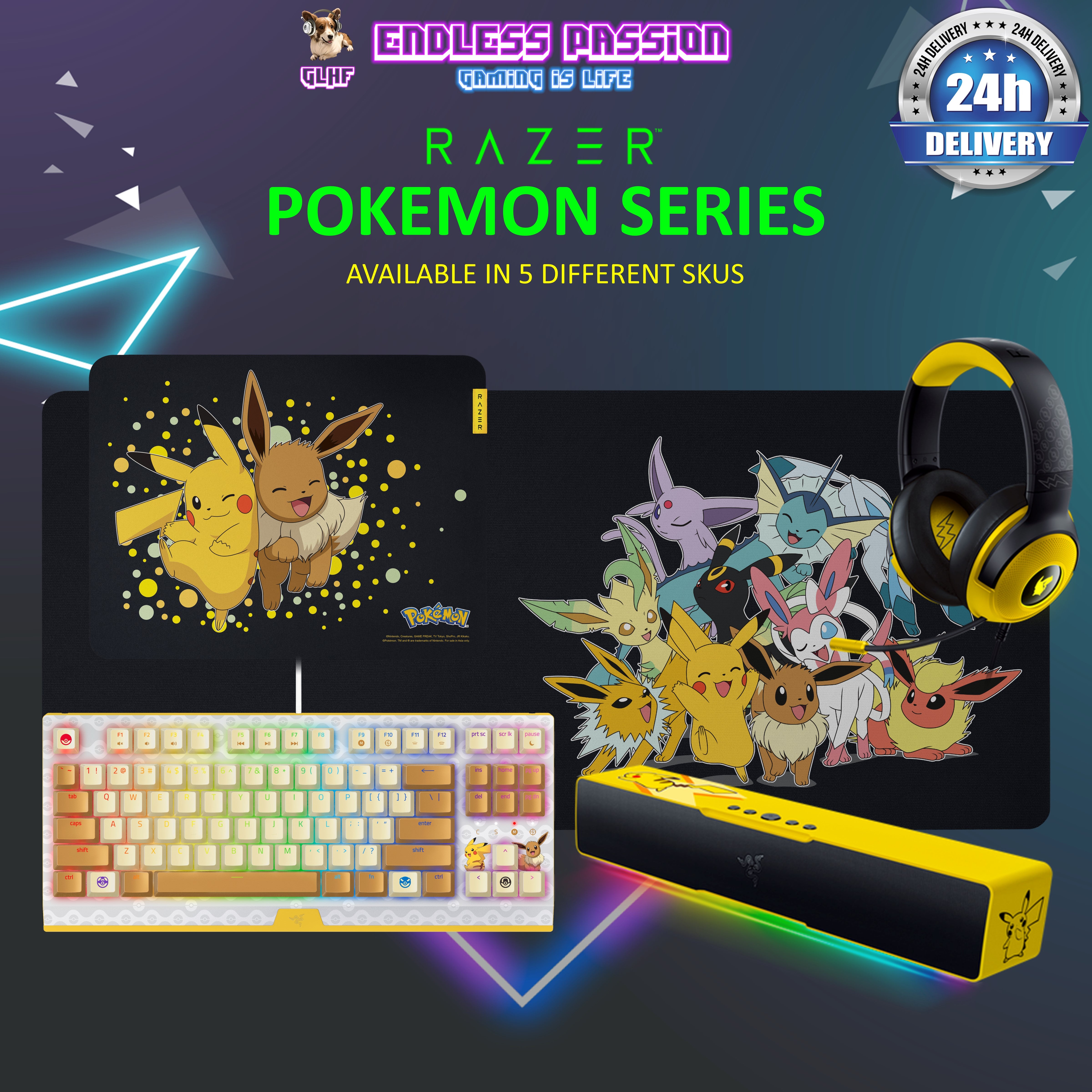 Razer Pokemon Edition Bundle - Blackwidow V3 Tenkeyless (Green Switch) ,  Gigantus V2 XXL, Gigantus Medium Size, Leviathan V2 X, Kraken V3 X