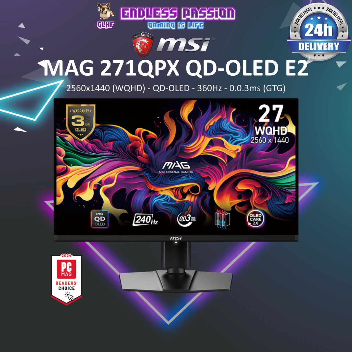 MSI MAG 271QPX QD-OLED E2 - 27" WQHD 240Hz 0.03ms Gaming Monitor