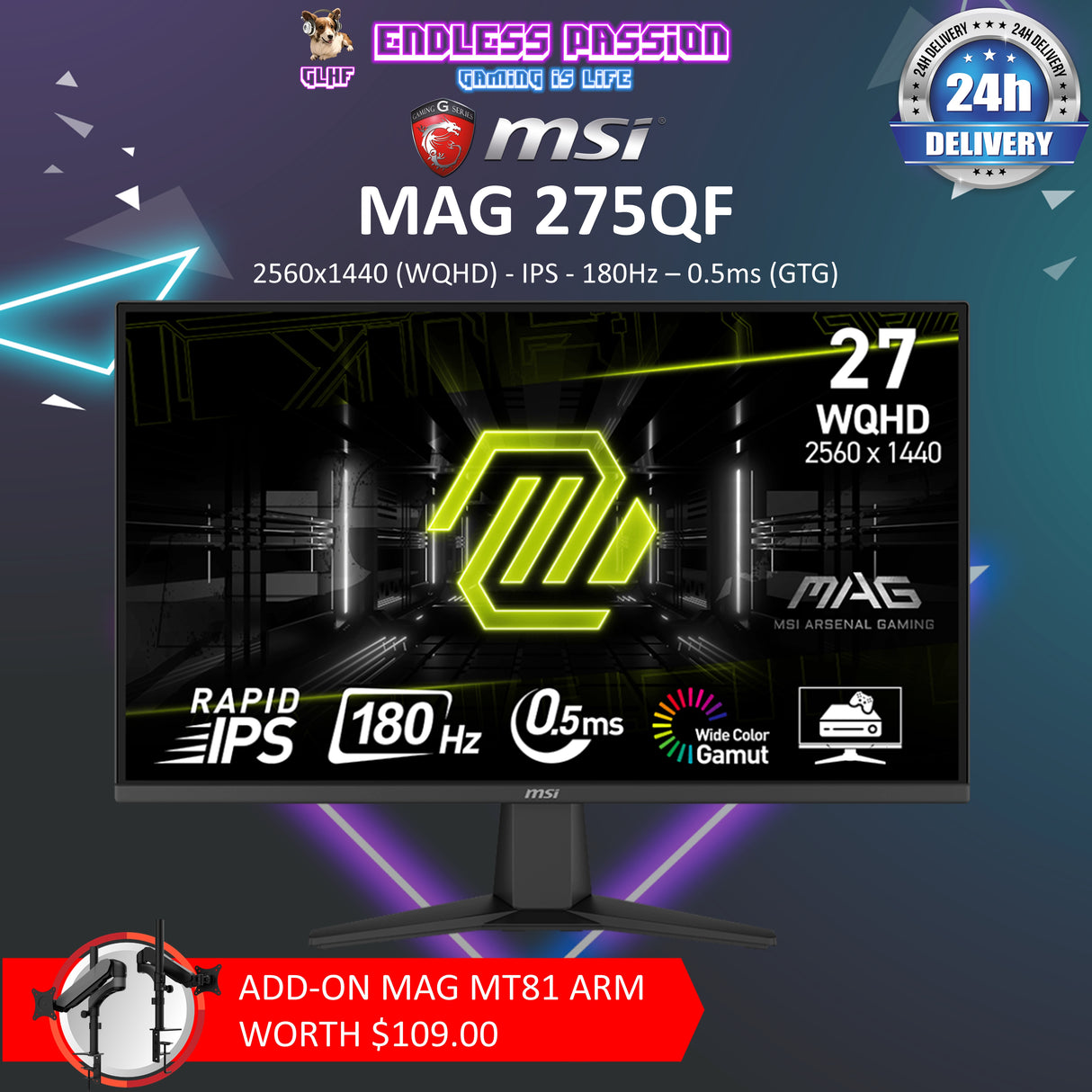 MSI MAG 275QF 27″ Rapid IPS 180Hz Flatscreen Gaming Monitor