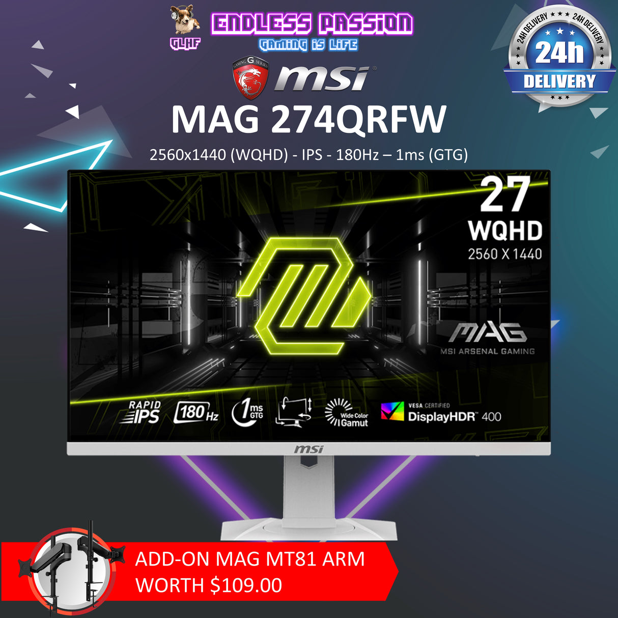 MSI MAG 274QRFW 27Inch, 180hz Gaming Monitor