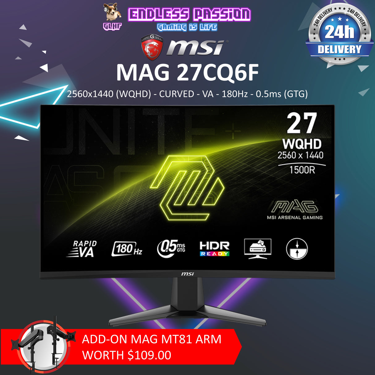 MSI MAG 27CQ6F 27 Inch, WQHD, 180hz Curved Gaming Monitor