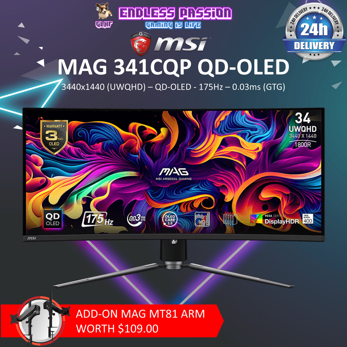 MSI MAG 341CQP QD-OLED, 34 Inch UWQHD Gaming Monitor