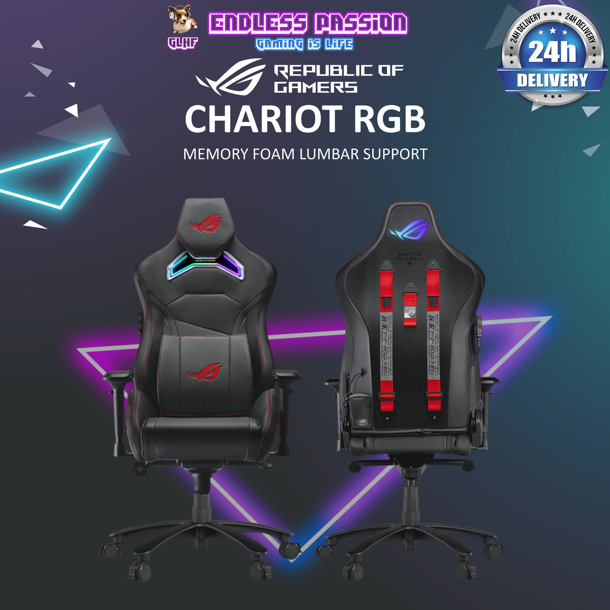 ASUS ROG Chariot RGB Gaming Chair (RGB Lighting, Adjustable Headrest, Memory-foam Lumbar Support, 5D armrests)